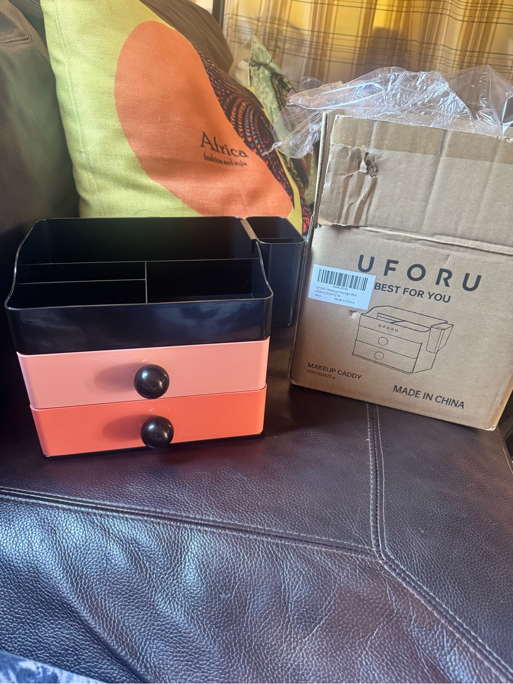 Black, Pink and Coral 2-Drawer (3 tier) Makeup Caddy. New in Box W7xL9xH6.5